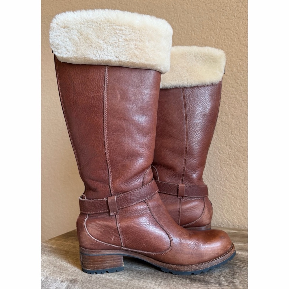 UGG Langley Cognac Leather Sheepskin Tall Boots Waterproof Winter Boots - Picture 10 of 16